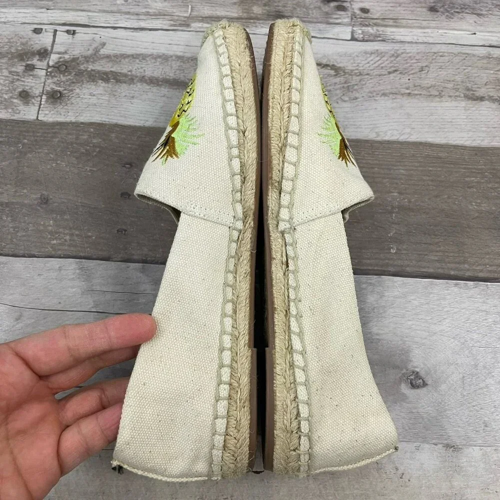 J Crew Canvas Espadrilles Embroidered Fruits Loafers Size 8.5‎ M Sundried Linen